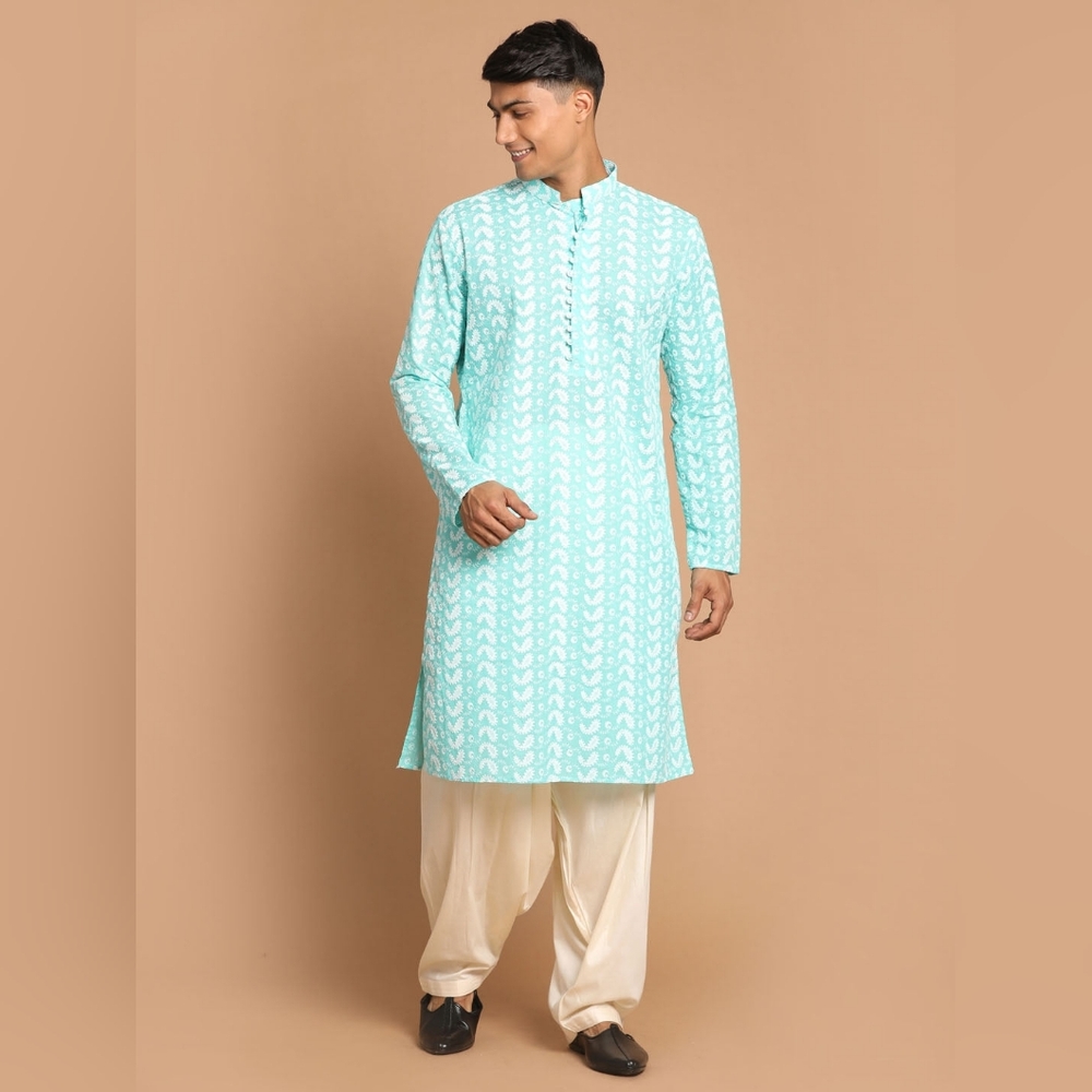 Vastramay Aqua Blue White Embroidered Pure Cotton Chikankari Kurta Size 36 Small